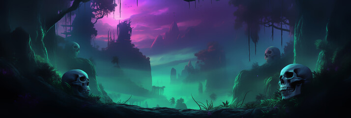 Awesome view with many skull on the background with neon color style look, Illustration