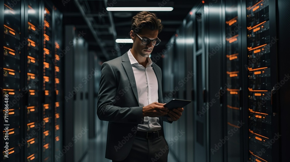 Poster A young male programmer, engineer, working, solving and troubleshooting problems in a dark server room with a tablet in his hands. Computer, cybersecurity, analytics, software concepts.