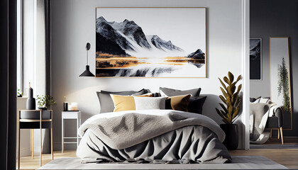 Scandinavian interior design of modern bedroom with big art poster frame minimalist Background, Ai generated image