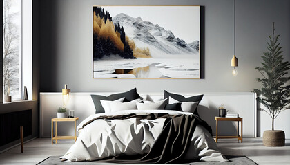 Scandinavian interior design of modern bedroom with big art poster frame minimalist Background, Ai...
