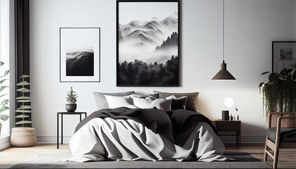 Scandinavian interior design of modern bedroom with big art poster frame minimalist Background, Ai generated image