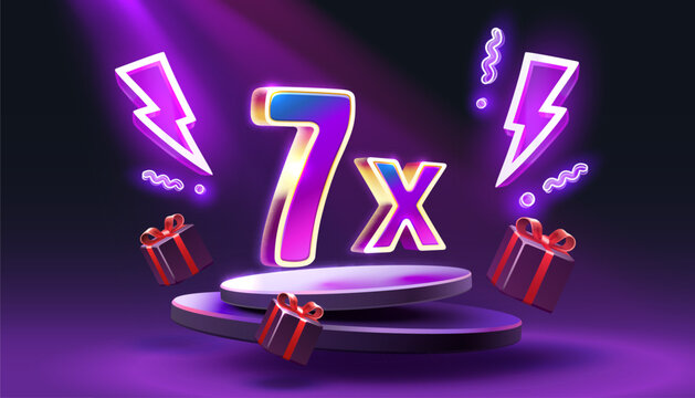 7x winner banner, promotion flyer, prize label. Vector illustration