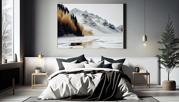 Naklejki Scandinavian interior design of modern bedroom with big art poster frame minimalist Background, Ai generated image