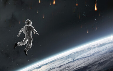 3D illustration of Meteorite shower close to Earth planet and astronaut looking at it. High quality digital space art in 5K - realistic visualization © Vadimsadovski