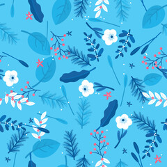 vector seamless pattern. leaves flowers on a light blue background for any print fabric