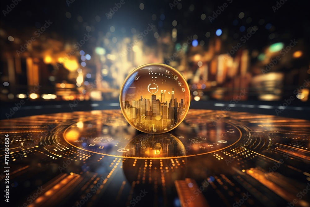 Poster abstract financial technology symbols with blurred bokeh effect and dynamic light streaks