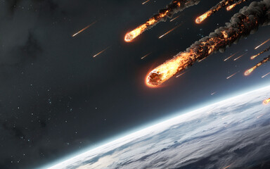 3D illustration of Meteorite shower close to Earth planet. High quality digital space art in 5K - realistic visualization © Vadimsadovski