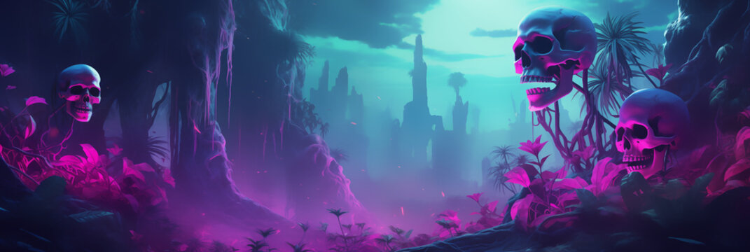 Awesome view with many skull on the background with neon color style look, Illustration © Midjourney2022