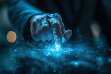 Business and technology. Close-up of a man using a virtual hologram