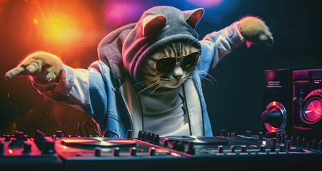 Fototapeta na wymiar disc jockey cat on the table, ai generated.