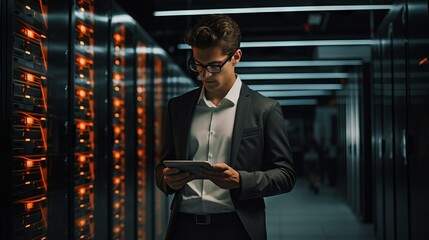 An IT engineer fixes technical problems in the server room with a tablet in his hands. Modern technologies, Information, Cyber security, artificial intelligence concepts.