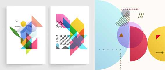 Art composition of flat colorful vector shapes. Abstract transparency geometrical background. Cover design template for presentation, corporate cover document, banner, flyer, poster, brochure. 