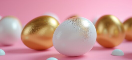 Easter colorful golden and white color eggs on pastel pink background. Side view. Happy egg hunt for kids concept