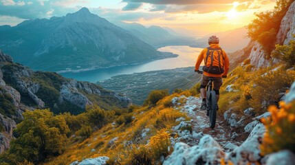 Mountain Biker Admires Sunset Over Scenic Mountain Lake - obrazy, fototapety, plakaty