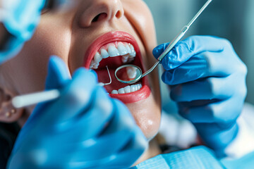 Close-up of dental examination with tools in a patient's mouth
