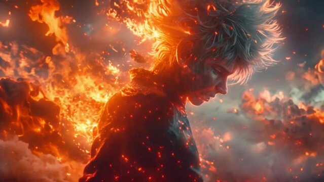 Anime young male with silver hair on fire surrounded by flames Generative AI