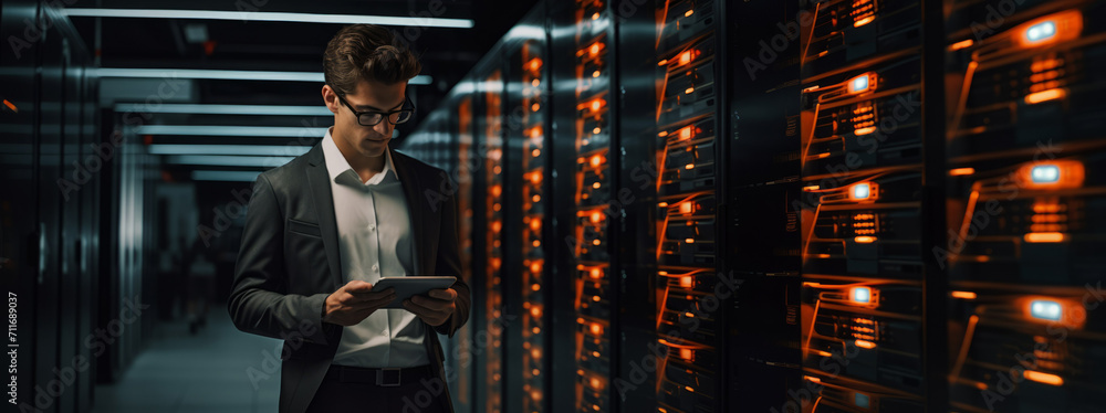 Poster a young it entrepreneur with a laptop in a network server room. information, cloud storage, web serv