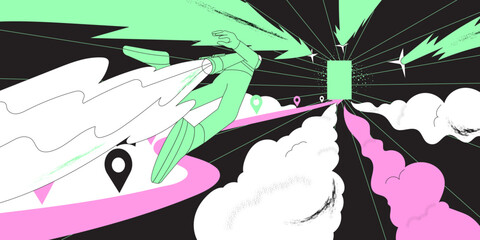 Roadmap, project milestone or business journey achievement, workflow or process timeline to success, step planning or progress concept, businessman fly to milestone location pin through obstacles.