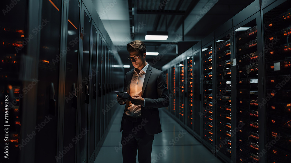 Poster A data processing engineer working with a supercomputer in a server room with a tablet in his hands. Modern telecommunications, artificial intelligence, cybersecurity, concept analytics.