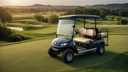 Golf cart standing on top of lush green field