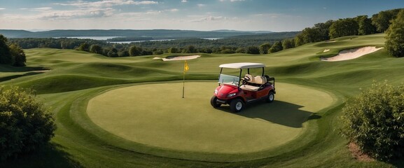 Golf cart standing on top of lush green field