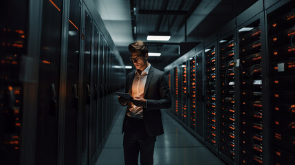 A data processing engineer working with a supercomputer in a server room with a tablet in his hands. Modern telecommunications, artificial intelligence, cybersecurity, concept analytics.