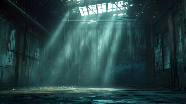 A dramatic, moody image of an empty warehouse with atmospheric lighting, evoking a sense of mystery and desolation. Suitable for urban exploration or industrial themes.