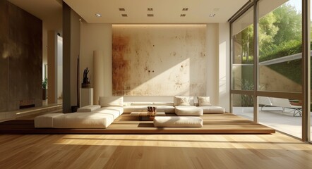 Contemporary Minimalist Living Room Interior with Wood Flooring and Wall Decor