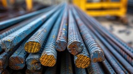 Reinforcing Steel Bars in Urban Warehouse: Industrial Construction Background - obrazy, fototapety, plakaty