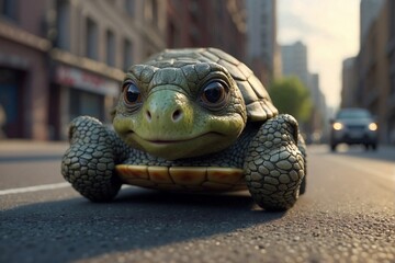 Turtle on the road in the metropolis