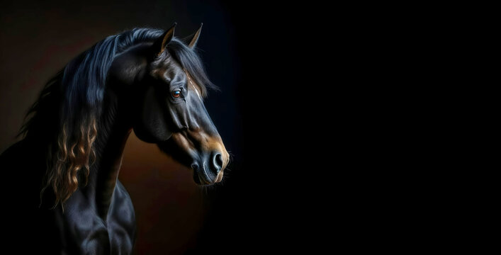 a horse on a dark background, a beautiful steed, equestrian sports. artificial intelligence generator, AI, neural network image. background for the design.