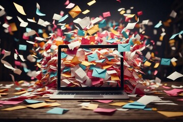 A huge number of paper multi-colored envelopes fly into the laptop monitor - obrazy, fototapety, plakaty