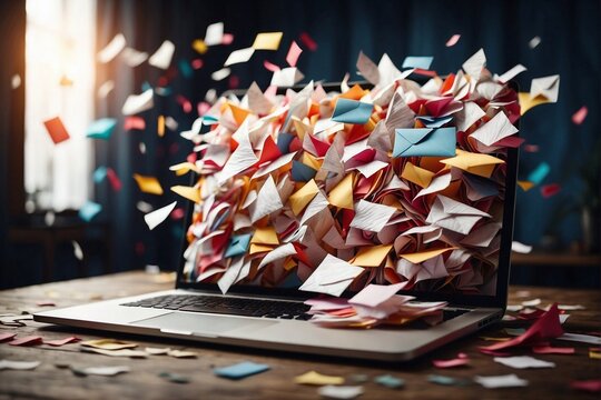 A huge number of paper multi-colored envelopes fly into the laptop monitor