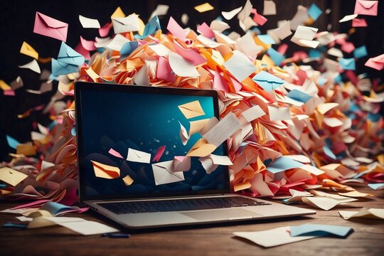 A huge number of paper multi-colored envelopes fly into the laptop monitor