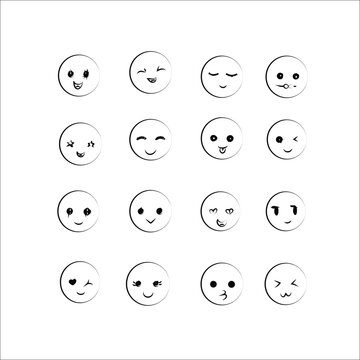 Doodle Emoji face set. Hand drawn sketch style. Emoji with different emotion mood, happy,  smile face. 
