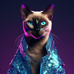 Realistic lifelike Siamese cat kitten kitty in fluorescent electric highlighters ultra-bright neon outfits, commercial, editorial advertisement, surreal surrealism. 80s Era comeback	
