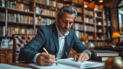 Mature, experienced, senior, lawyer, businessman signing a document, studying, working on a written document in office, library - obrazy, fototapety, plakaty