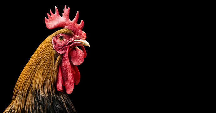 a rooster on a black background, the head of a poultry. artificial intelligence generator, AI, neural network image. background for the design.