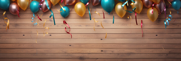 Banner Hintergrund für Fasching, Luftballons und Konfetti auf Holzhintergrund mit Textfreiraum
