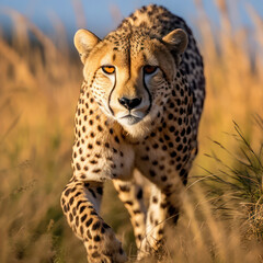 Majestic African Predator: Cheetah, the Graceful Hunter, Staring with Intensity in the Savannah Grassland
