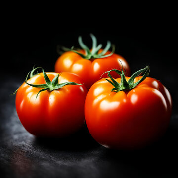 ripe red tomato, juicy vegetable on a black background. artificial intelligence generator, AI, neural network image. background for the design.