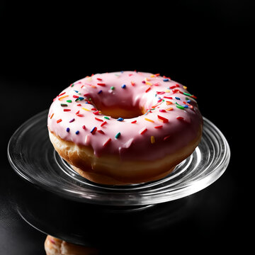 a donut with icing on a plate on a black background, sweet pastries. artificial intelligence generator, AI, neural network image. background for the design.