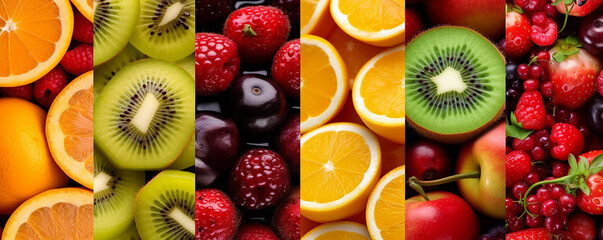 A vivid collage displaying an assortment of fresh fruits including oranges, kiwis, cherries, and...