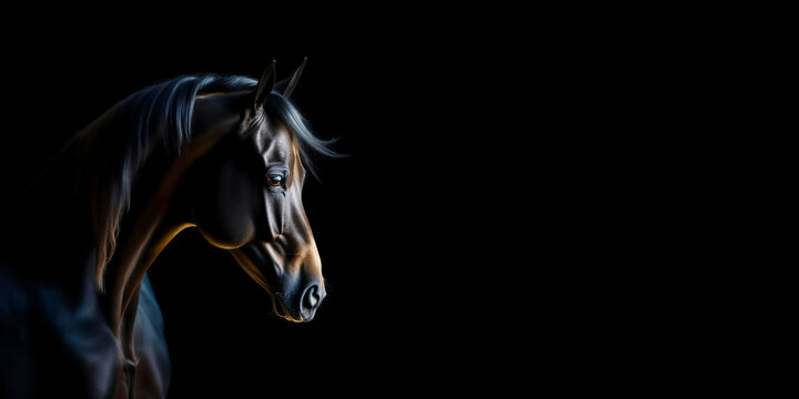 a horse on a dark background, a beautiful steed, equestrian sports. artificial intelligence generator, AI, neural network image. background for the design.