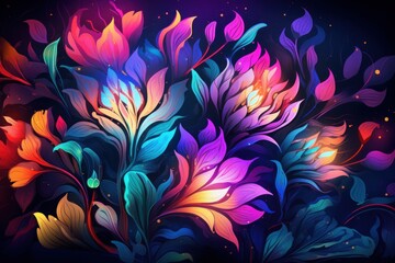 Fantasy surreal flowers. Futuristic floral wallpaper with iridescent holographic flowers, neon glow. Tropical exotic background. - obrazy, fototapety, plakaty