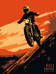 Motocross rider on the track at sunset. Vector illustration.