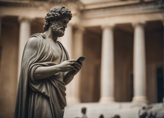 greek statue of a man with a cellphone