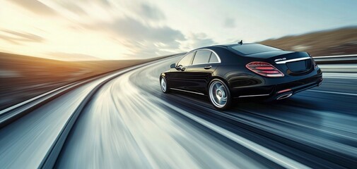 Rear view of red Business car on high speed in turn. black car rushing along a high-speed background blur effect - obrazy, fototapety, plakaty