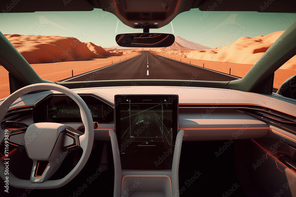 Poster autonomous self-driving futuristic car without driver. first-person view