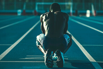 athlete prepared to run on the athletics track - obrazy, fototapety, plakaty